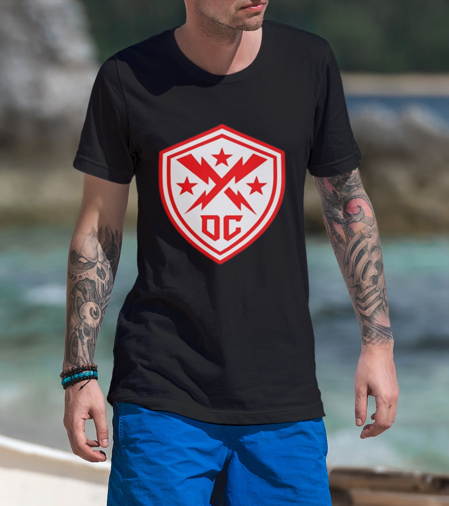 DC Shield Lightning Bolts Stars Emblem Red White T-Shirt