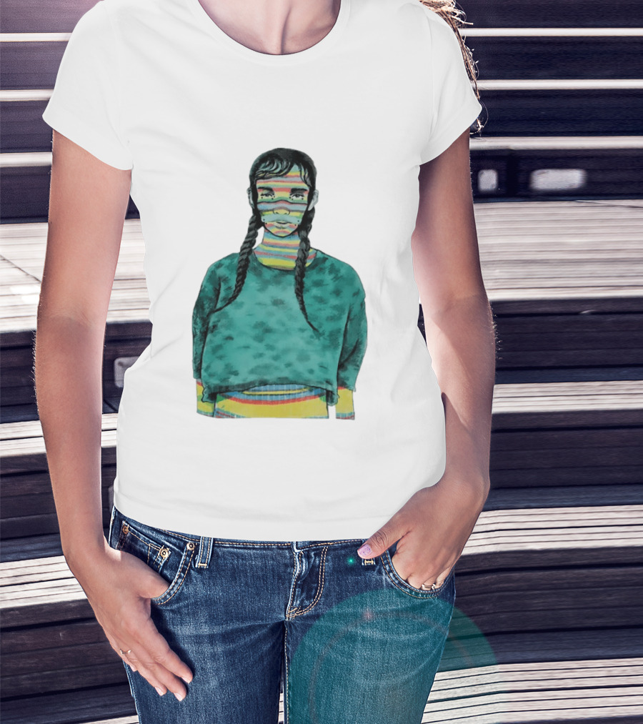 Girl With Braids Colorful Striped Face And Green Sweater T-Shirt