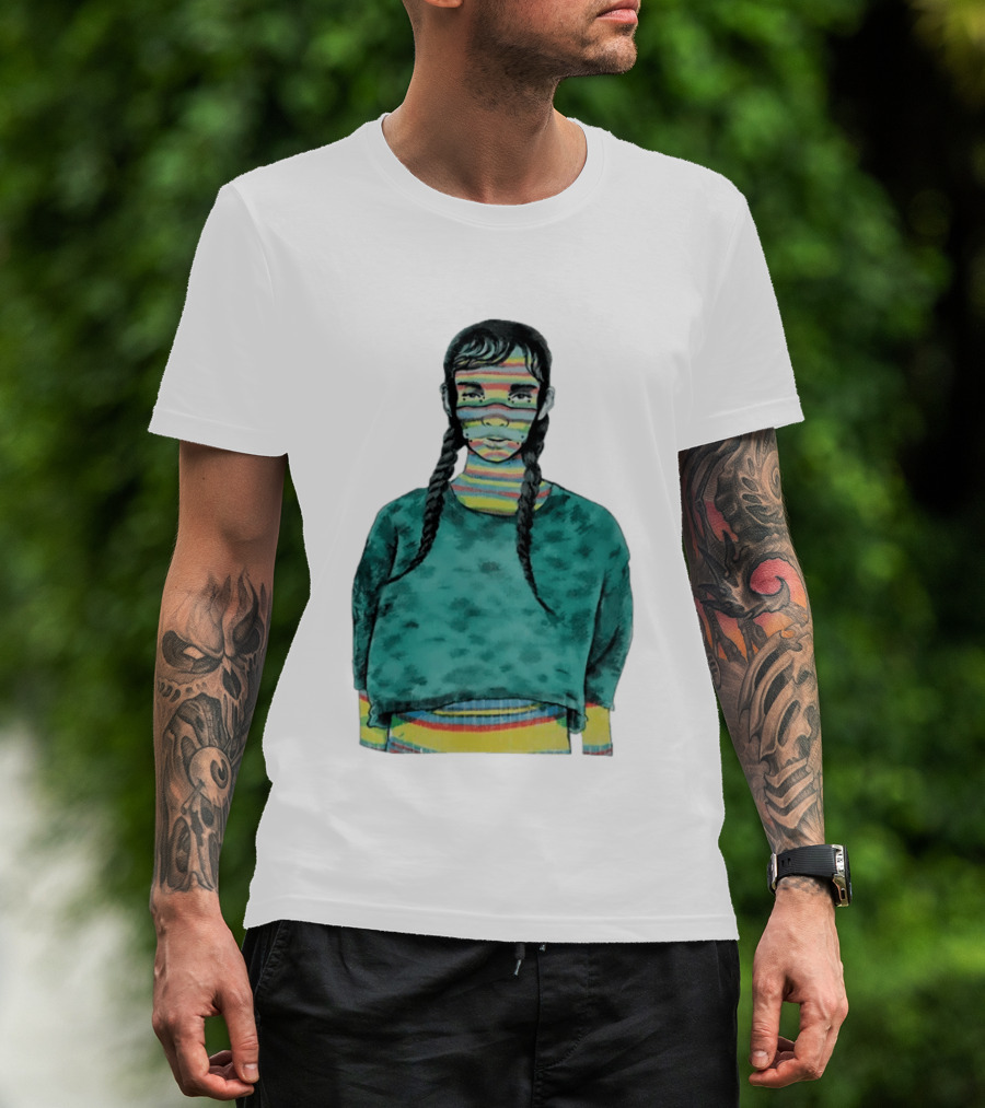 Girl With Braids Colorful Striped Face And Green Sweater T-Shirt
