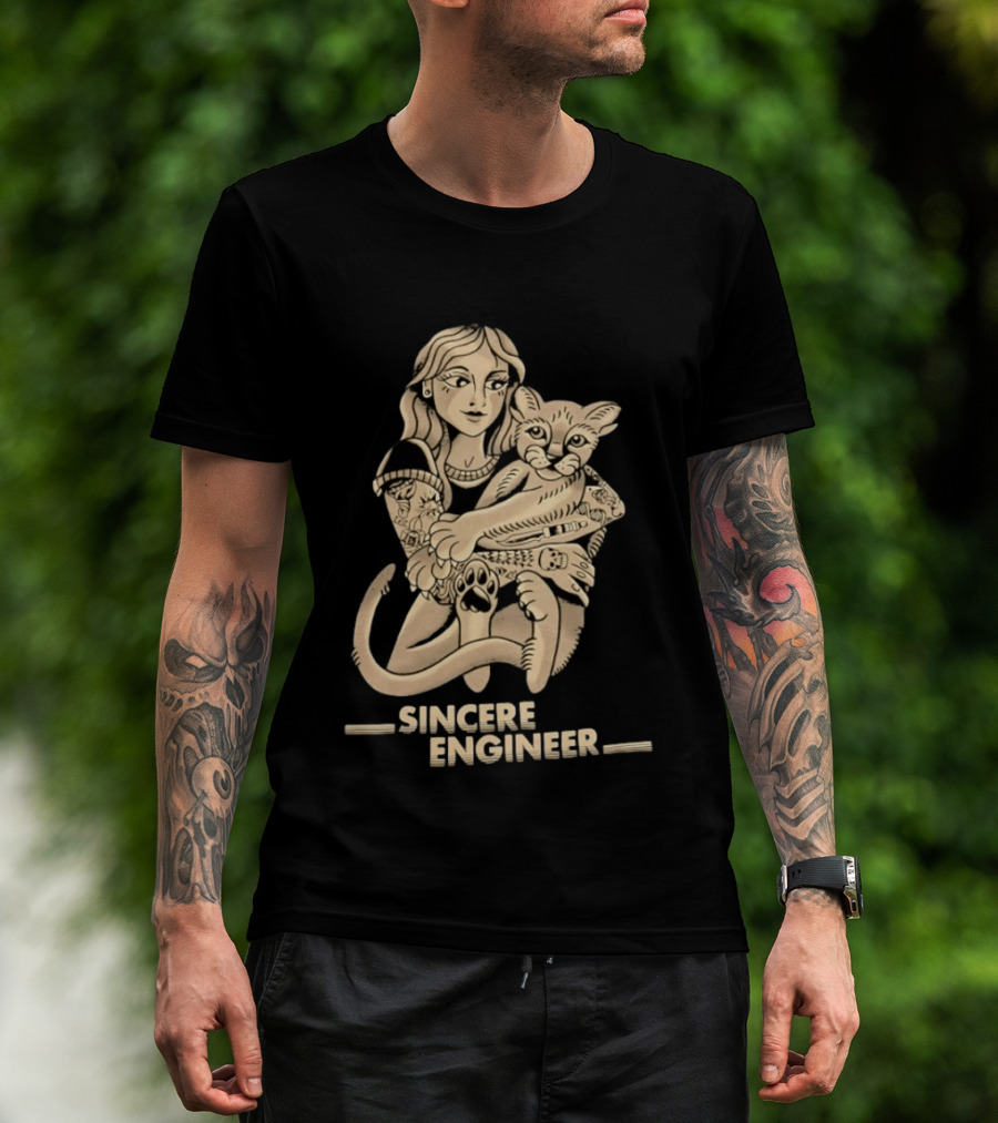 Tattooed Woman Hugging Cat Sincere Engineer T-Shirt