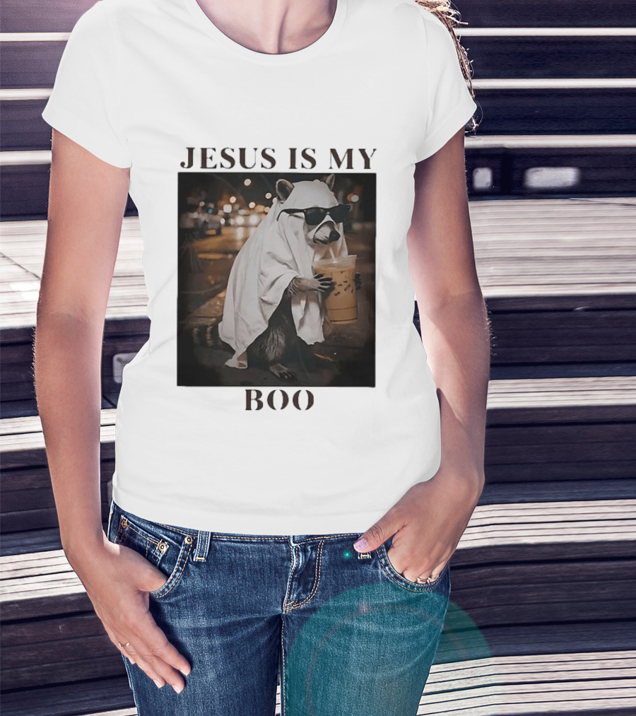 Jesus Is My Boo Raccoon With Iced Coffee And Sunglasses T-Shirt