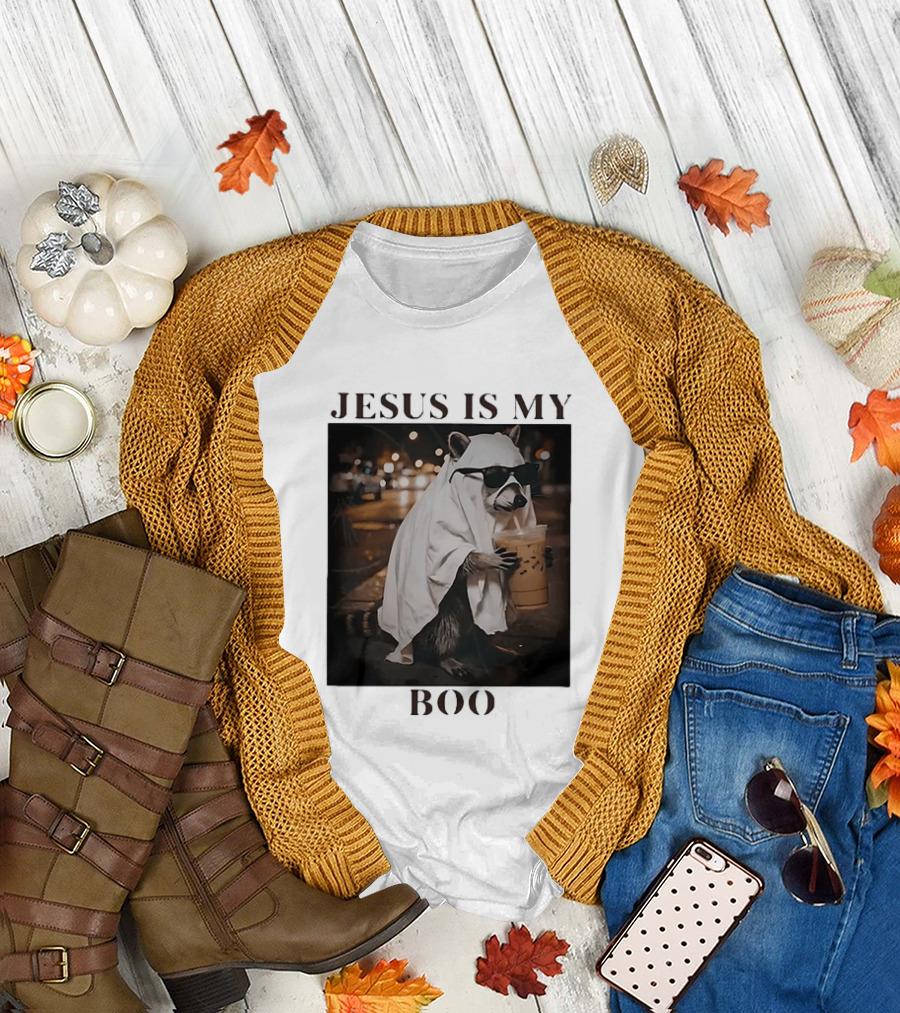 Jesus Is My Boo Raccoon With Iced Coffee And Sunglasses T-Shirt