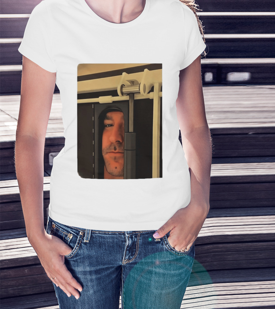 Man Peeking Through Door Face Hidden Observation Doorway T-Shirt