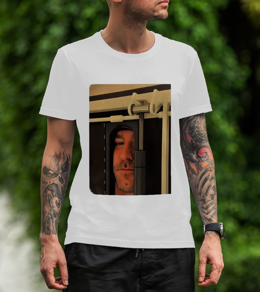 Man Peeking Through Door Face Hidden Observation Doorway T-Shirt