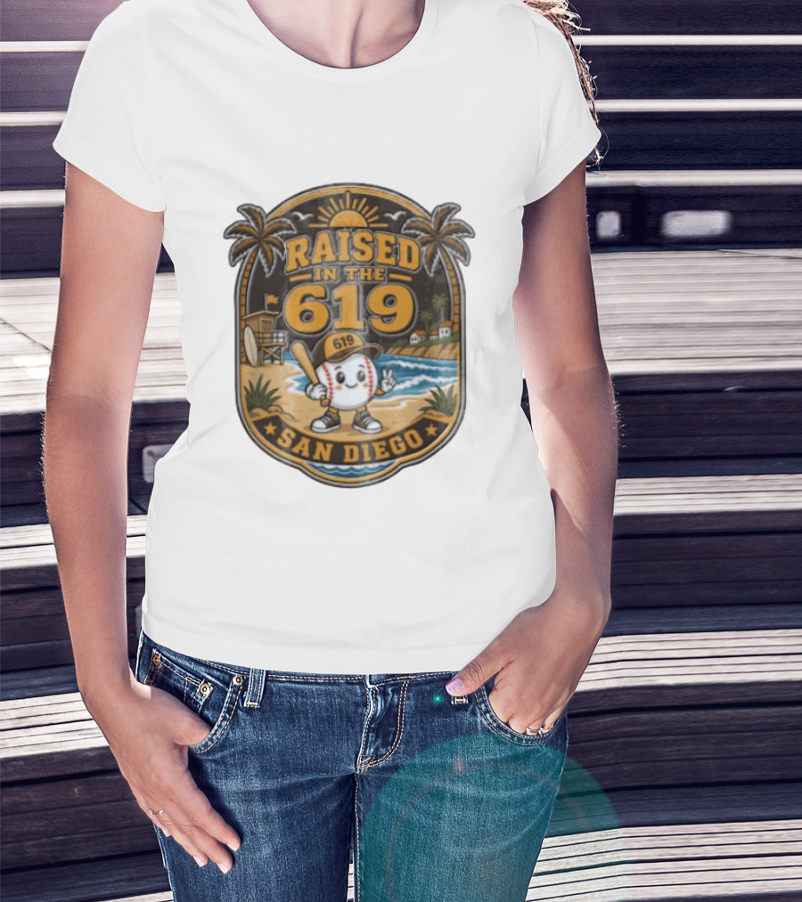 Raised In The 619 Baseball Character San Diego Beach Sunset Palm Trees T-Shirt