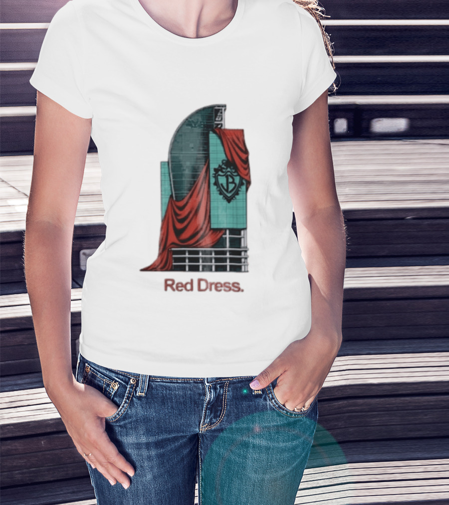 Red Dress Red Drapes Over Modern Skyscraper With Shield T-Shirt