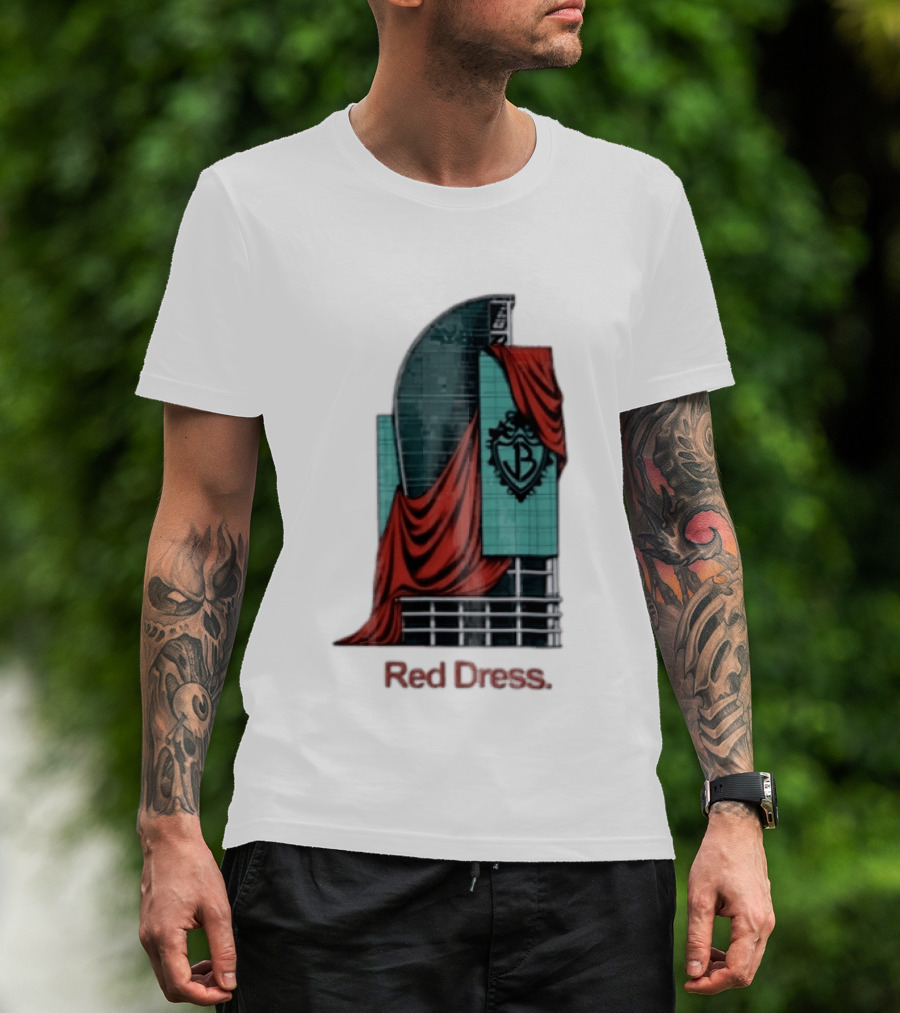 Red Dress Red Drapes Over Modern Skyscraper With Shield T-Shirt
