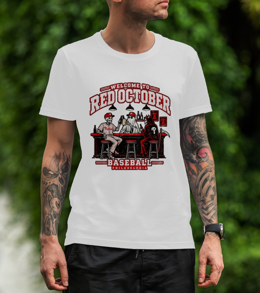 Welcome To Red October Baseball Philadelphia Halloween Skeletons And Ghost At Bar T-Shirt