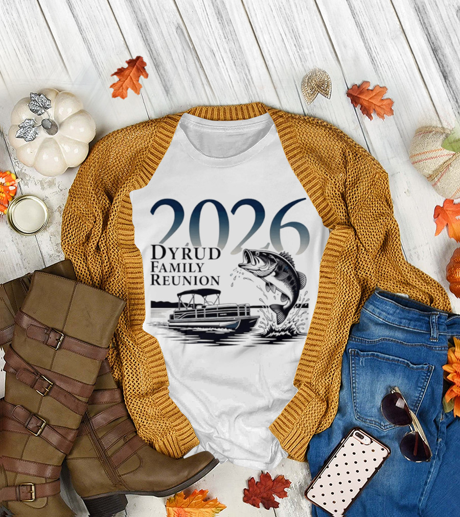 2026 Dyrud Family Reunion Fishing Trip Boat And Jumping Fish T-Shirt