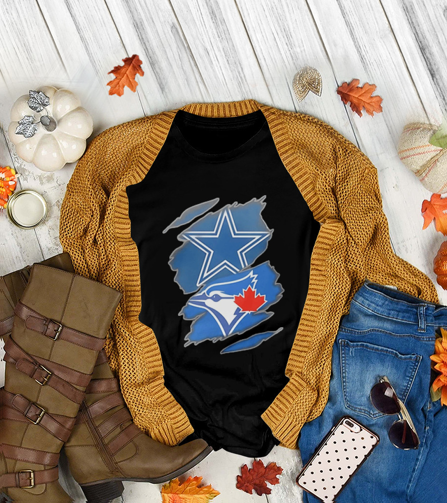 Dallas Cowboys Star And Toronto Blue Jays Jay With Maple Leaf Ripped T-Shirt
