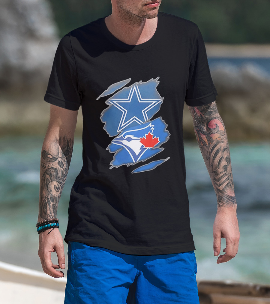 Dallas Cowboys Star And Toronto Blue Jays Jay With Maple Leaf Ripped T-Shirt
