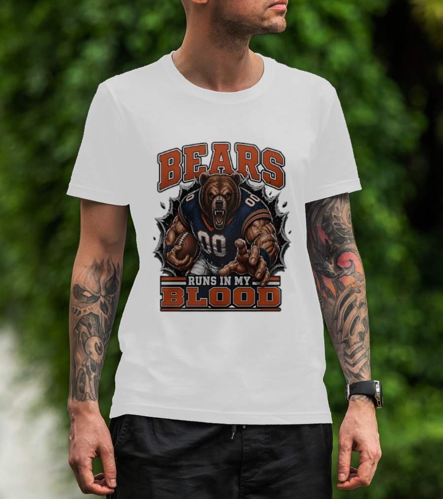 Bears Runs In My Blood Football Fierce Bear Holding Ball T-Shirt