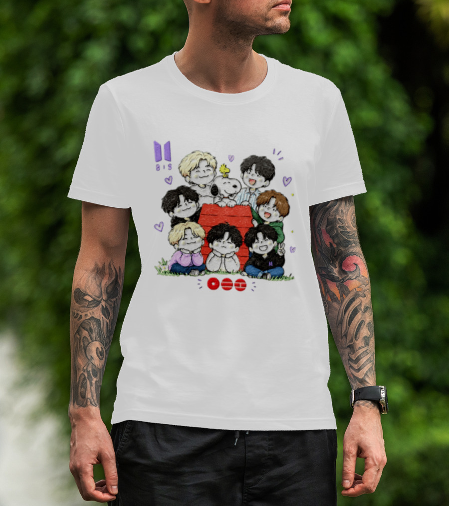 Snoopy Woodstock Peanuts BTS Members Cartoon Illustration Collaboration T-Shirt