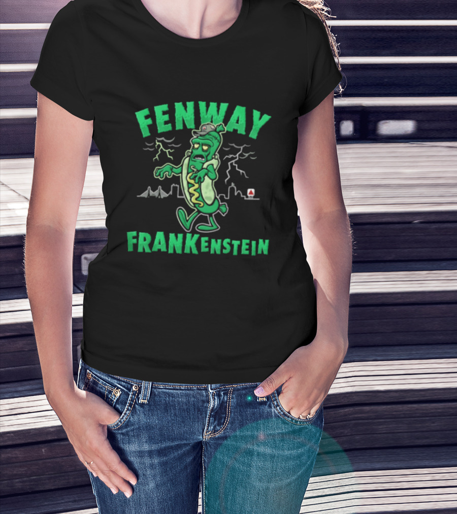 Fenway Frankenstein Halloween Zombie Monster With Lightning And Spooky Skyline T-Shirt