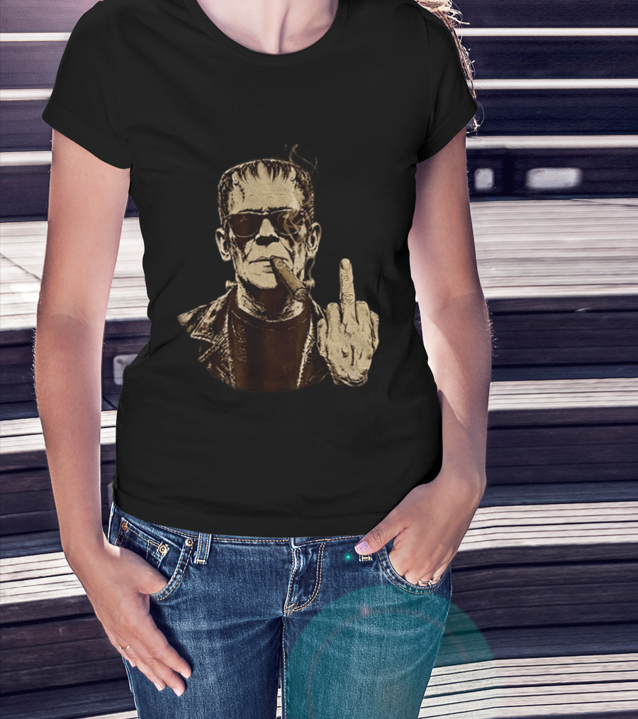 Frankenstein Cigar Middle Finger Smoking Horror Halloween T-Shirt