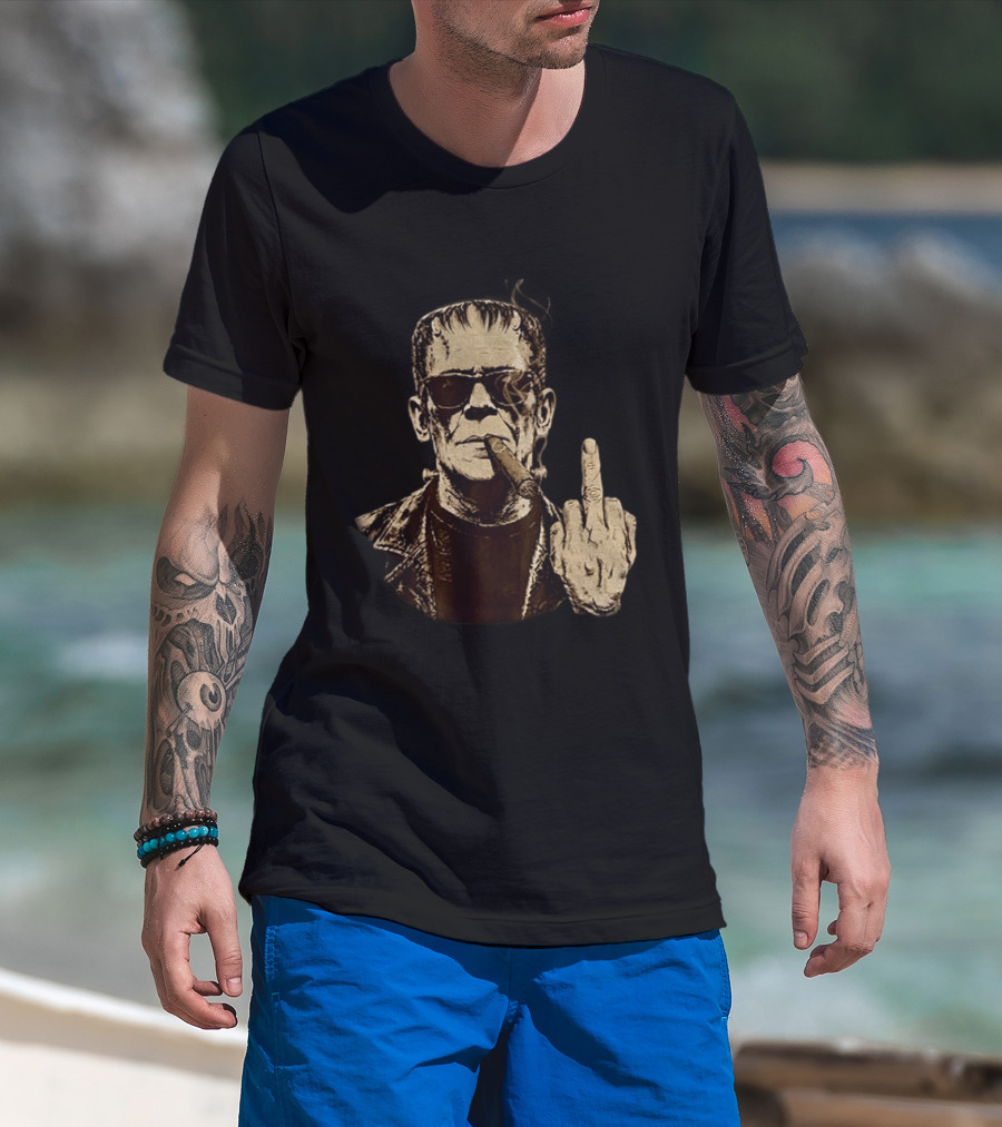Frankenstein Cigar Middle Finger Smoking Horror Halloween T-Shirt