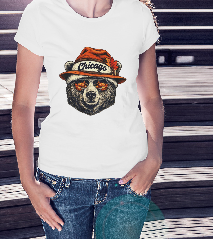 Chicago Bear Sunglasses With Thanksgiving Turkey Reflection Hat T-Shirt