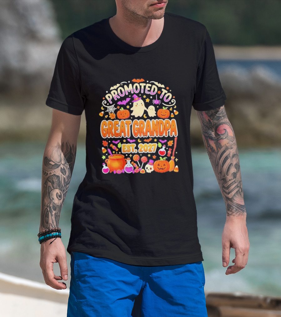 Promoted To Great Grandpa Halloween Pumpkin Est 2027 Ghosts Bats Cauldron T-Shirt