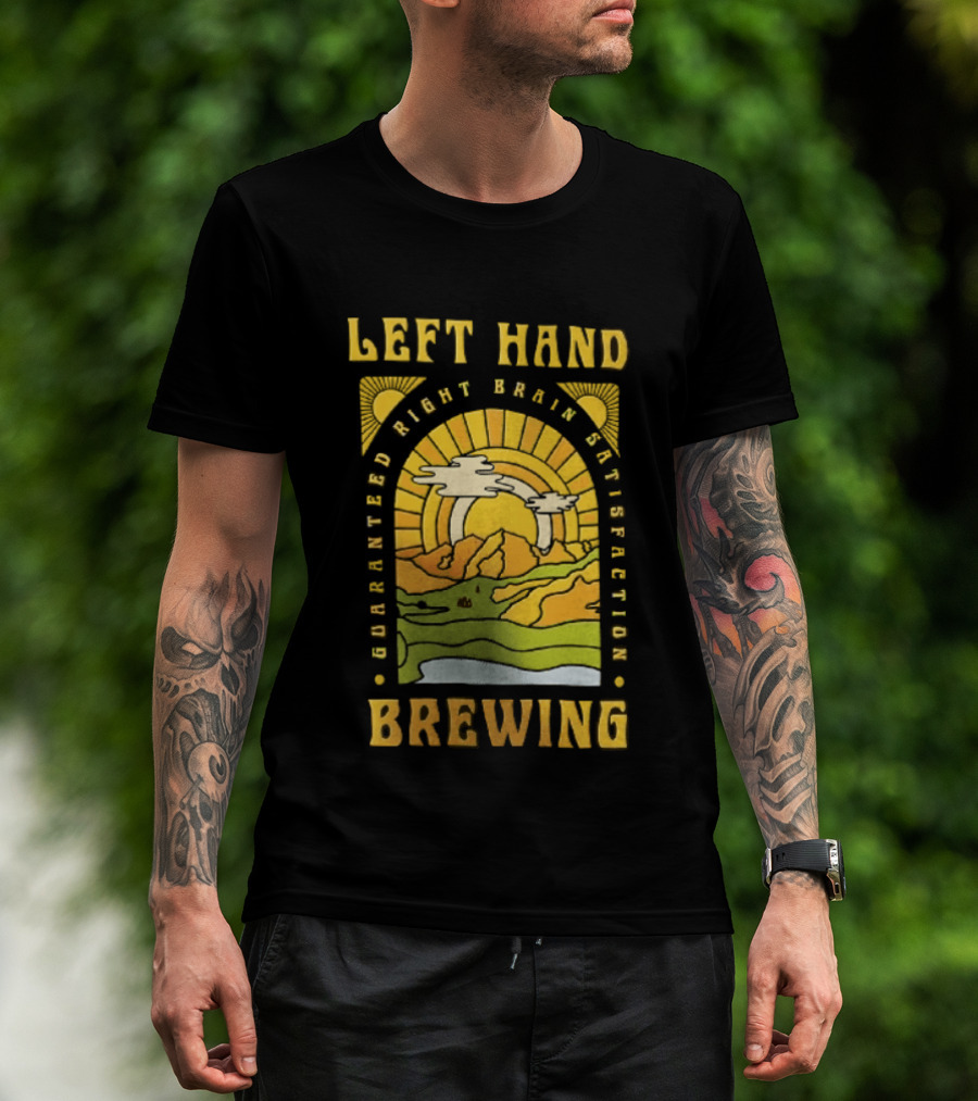 Left Hand Brewing Guaranteed Right Brain Satisfaction Sunburst River Landscape T-Shirt