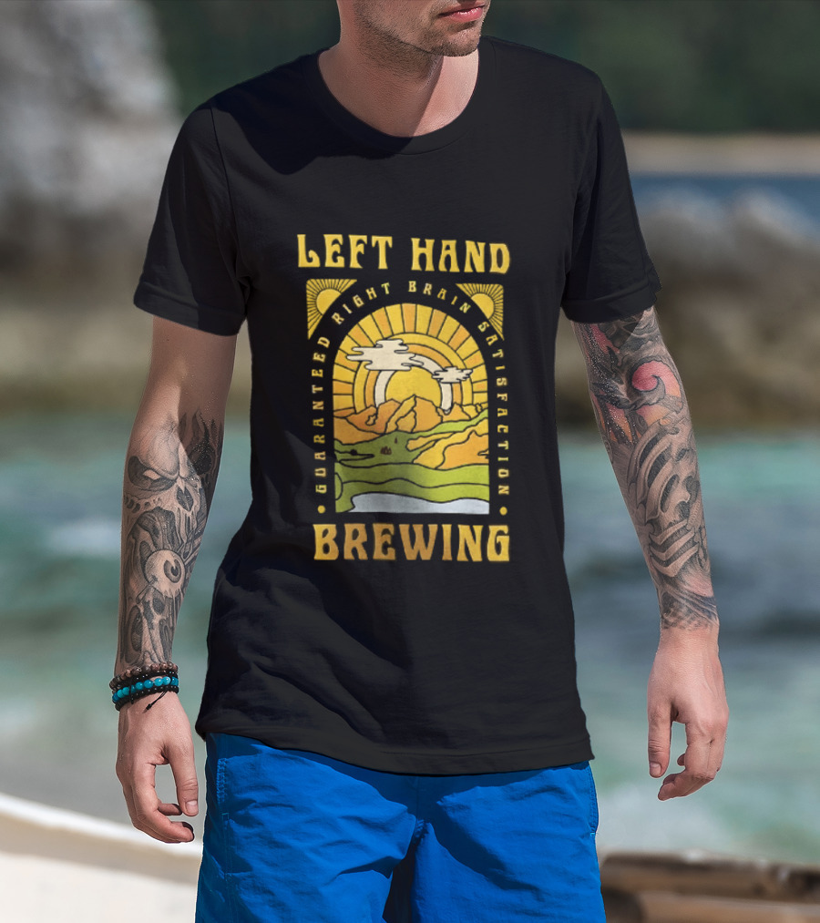 Left Hand Brewing Guaranteed Right Brain Satisfaction Sunburst River Landscape T-Shirt