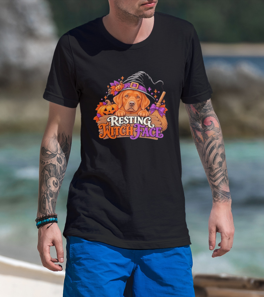 Resting Witch Face Dog Witch Hat Pumpkin Broom Halloween T-Shirt