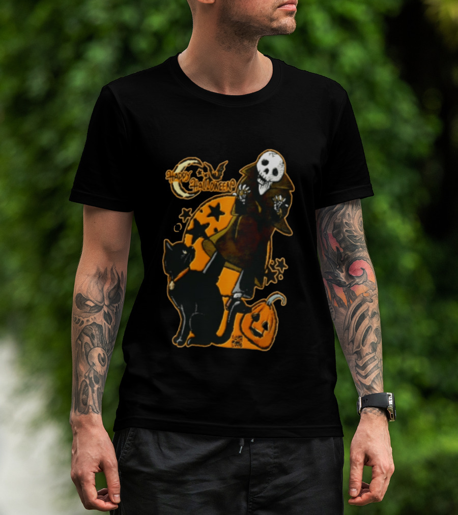 Happy Halloween Skeleton With Black Cat And Pumpkin T-Shirt