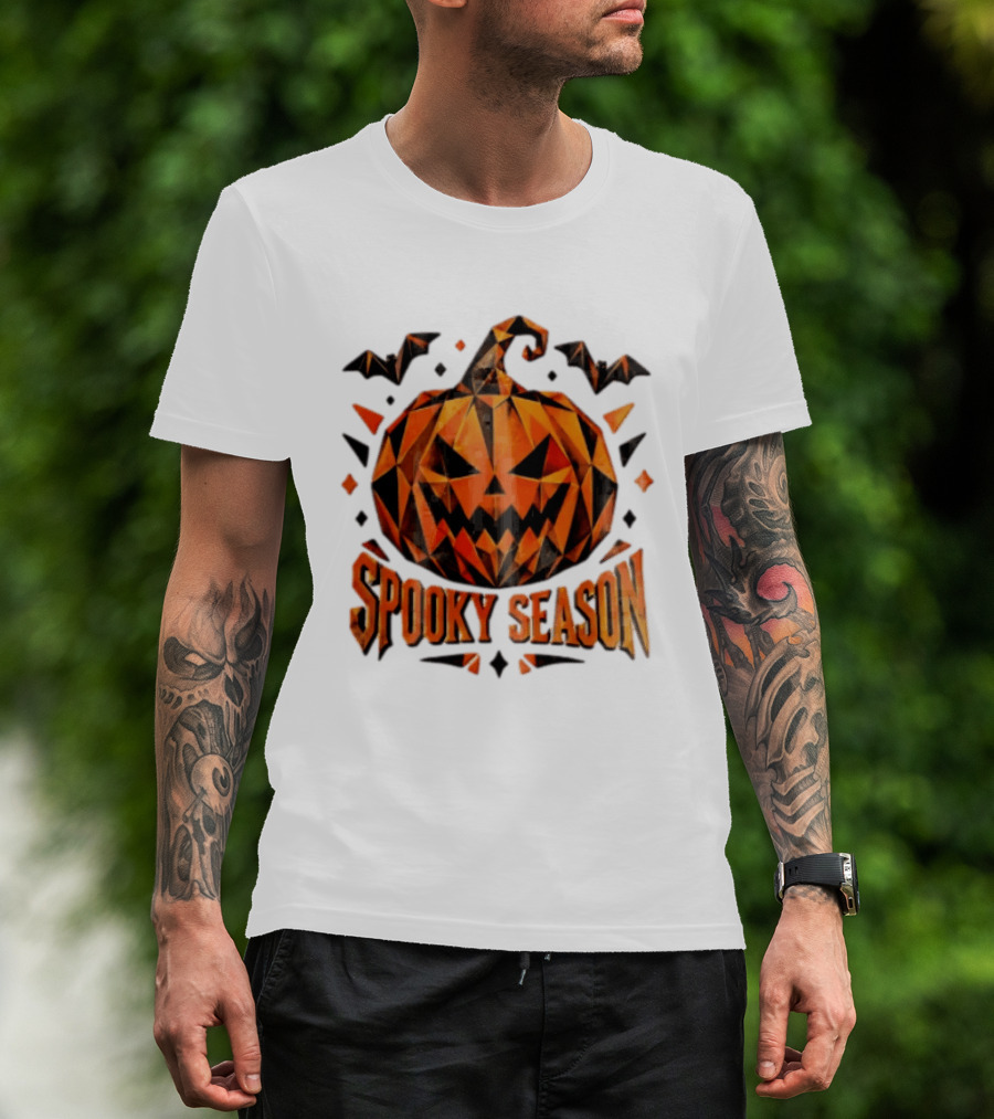 Spooky Season Geometric Pumpkin Halloween Bats T-Shirt