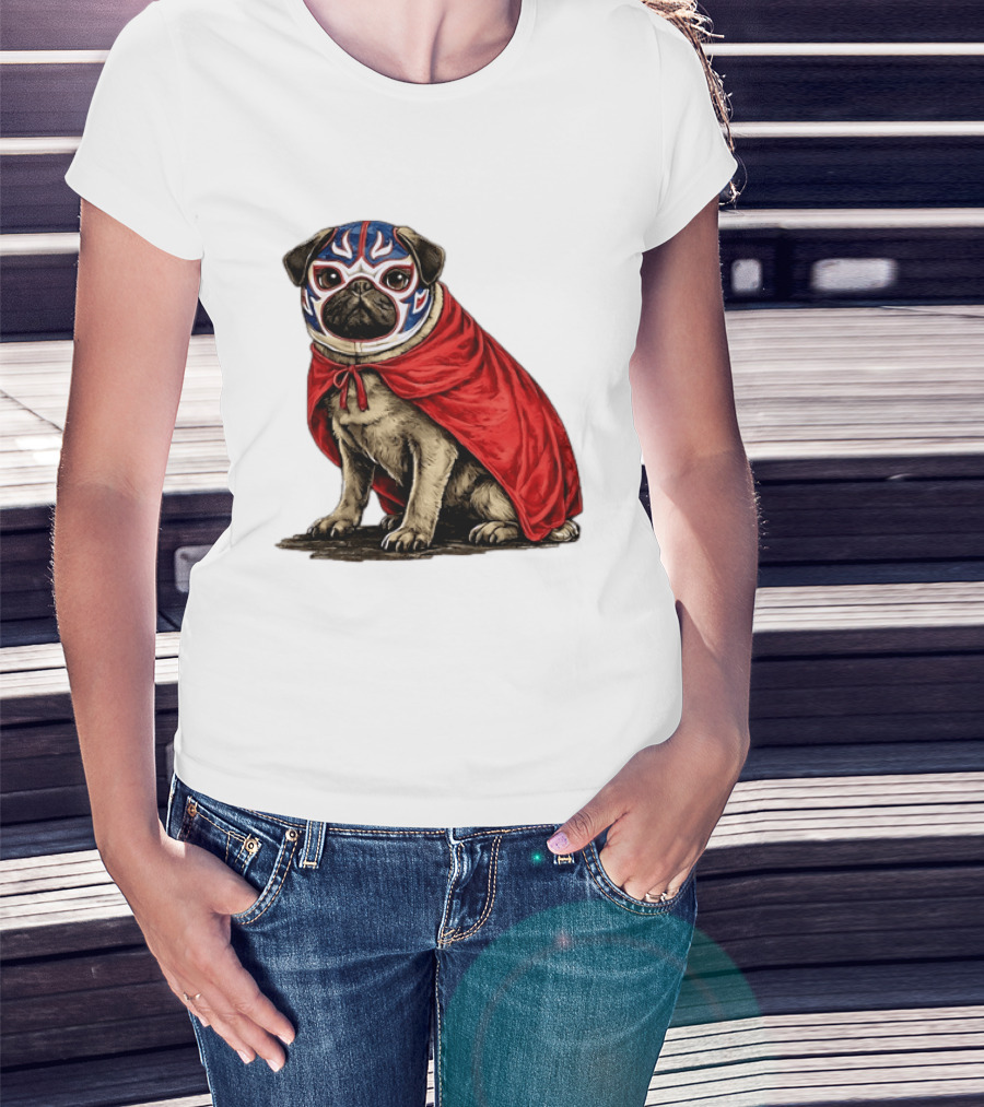 Lucha Libre Pug Red Cape Mexican Wrestling Dog Mask T-Shirt