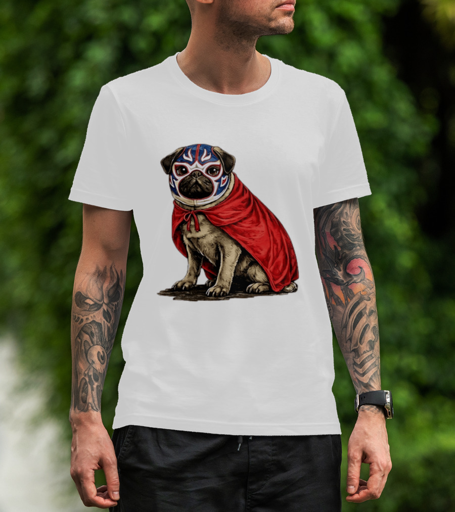 Lucha Libre Pug Red Cape Mexican Wrestling Dog Mask T-Shirt