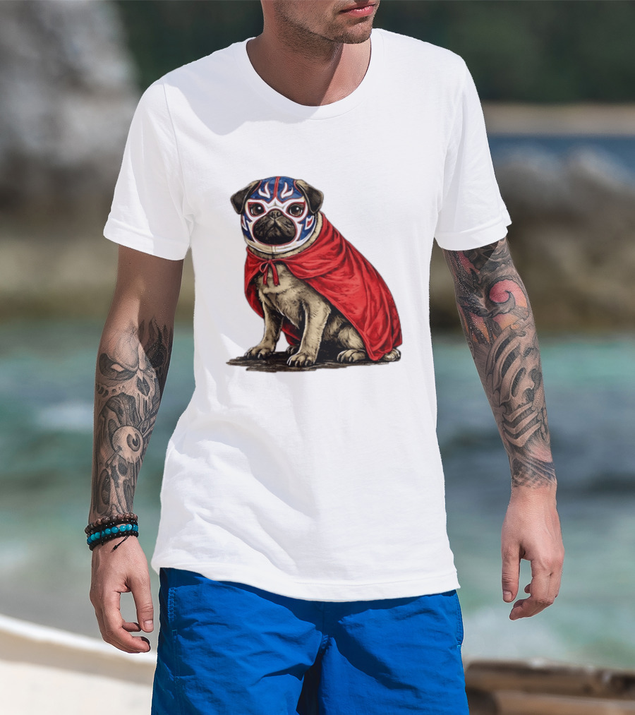 Lucha Libre Pug Red Cape Mexican Wrestling Dog Mask T-Shirt