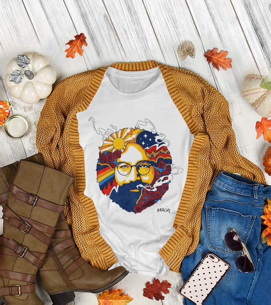 Psychedelic Jerry Garcia Face Sun Waves Stars Roses T-Shirt