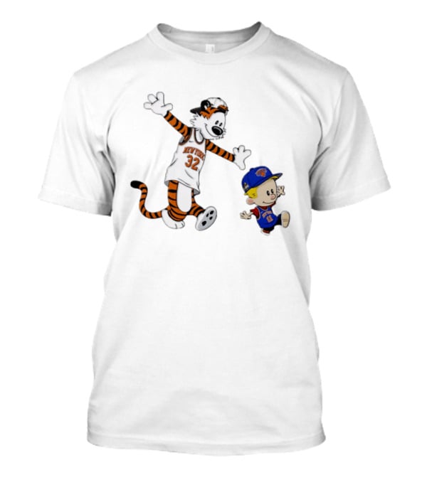 Calvin And Hobbes In New York Knicks NBA Jerseys With Classic Cartoon T-Shirt