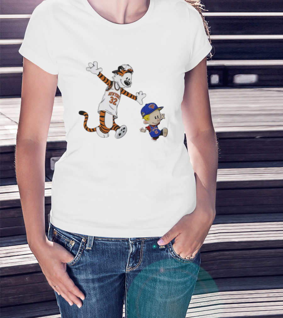 Calvin And Hobbes In New York Knicks NBA Jerseys With Classic Cartoon T-Shirt