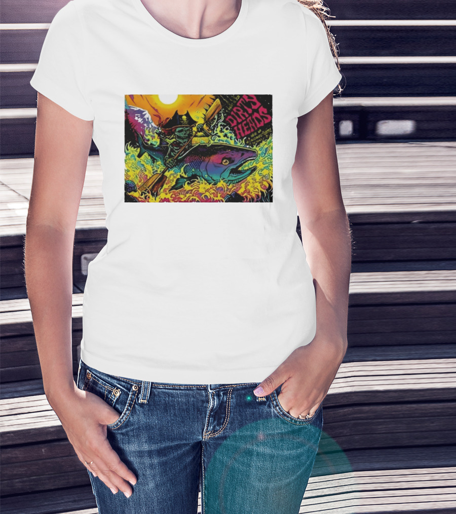 Dirty Heads Pirate Skeleton Kayaking Giant Fish Psychedelic Adventure T-Shirt