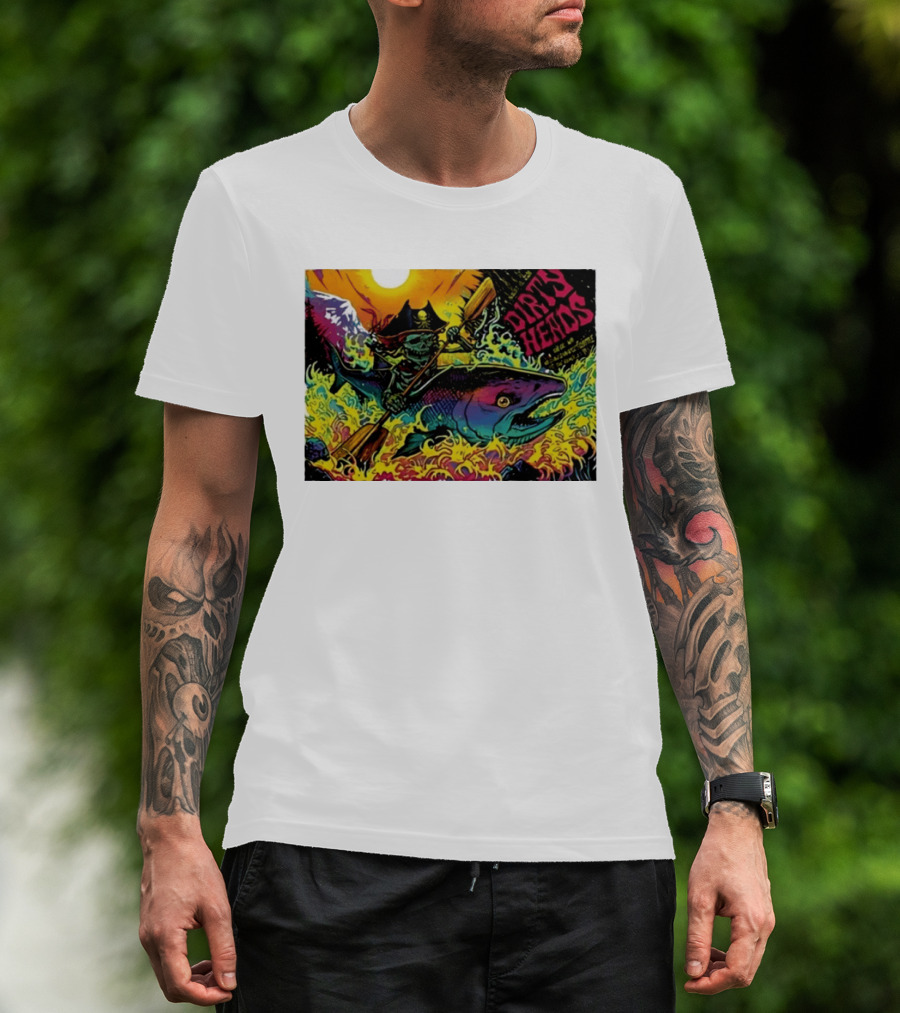 Dirty Heads Pirate Skeleton Kayaking Giant Fish Psychedelic Adventure T-Shirt