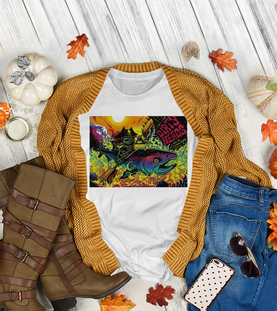 Dirty Heads Pirate Skeleton Kayaking Giant Fish Psychedelic Adventure T-Shirt