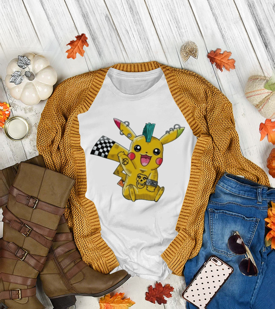Punkachu Pikachu Mohawk Skull Anarchist Punk Rock Style Checkered Flag Details T-Shirt