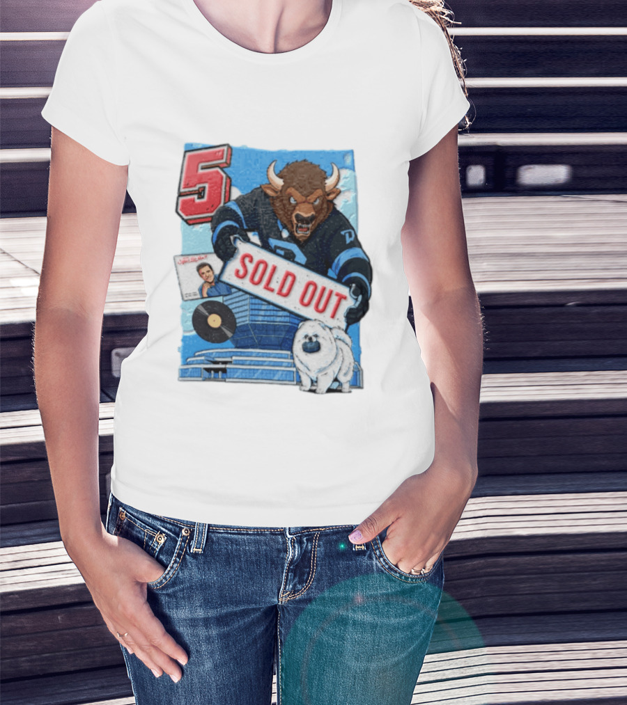 5 Bison Sold Out Sign White Fluffy Dog Holding Puck T-Shirt