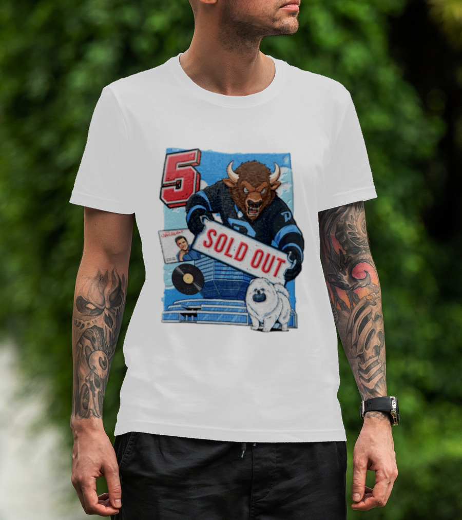 5 Bison Sold Out Sign White Fluffy Dog Holding Puck T-Shirt