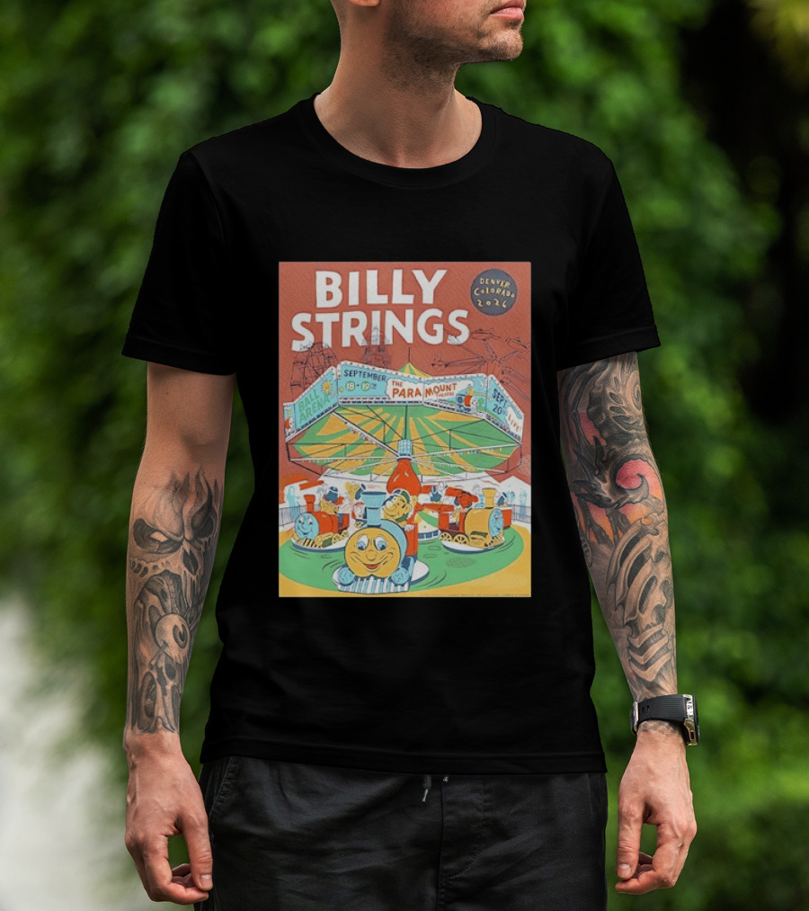 Billy Strings Denver Colorado 2026 Ball Arena Paramount Theatre September Concert Featuring Train Carousel Illustrations T-Shirt