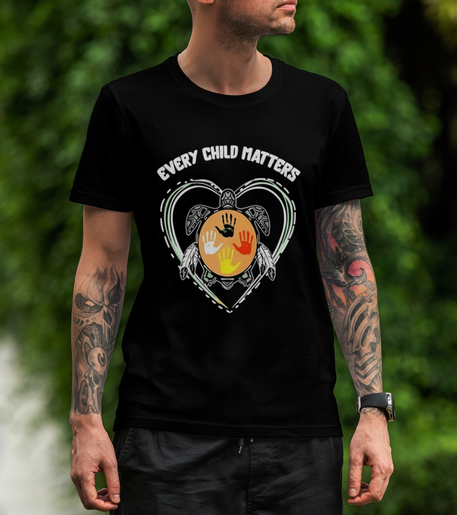 Every Child Matters Turtle Indigenous Handprints Orange Heart T-Shirt