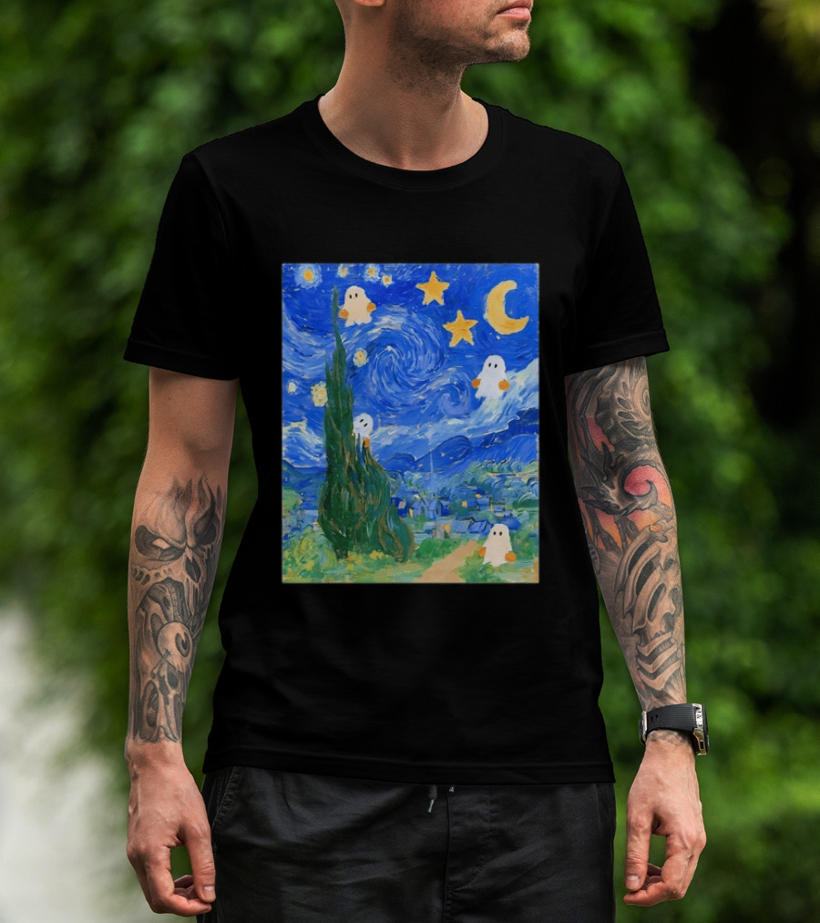 Starry Night Halloween Ghosts Vincent Van Gogh Painting T-Shirt
