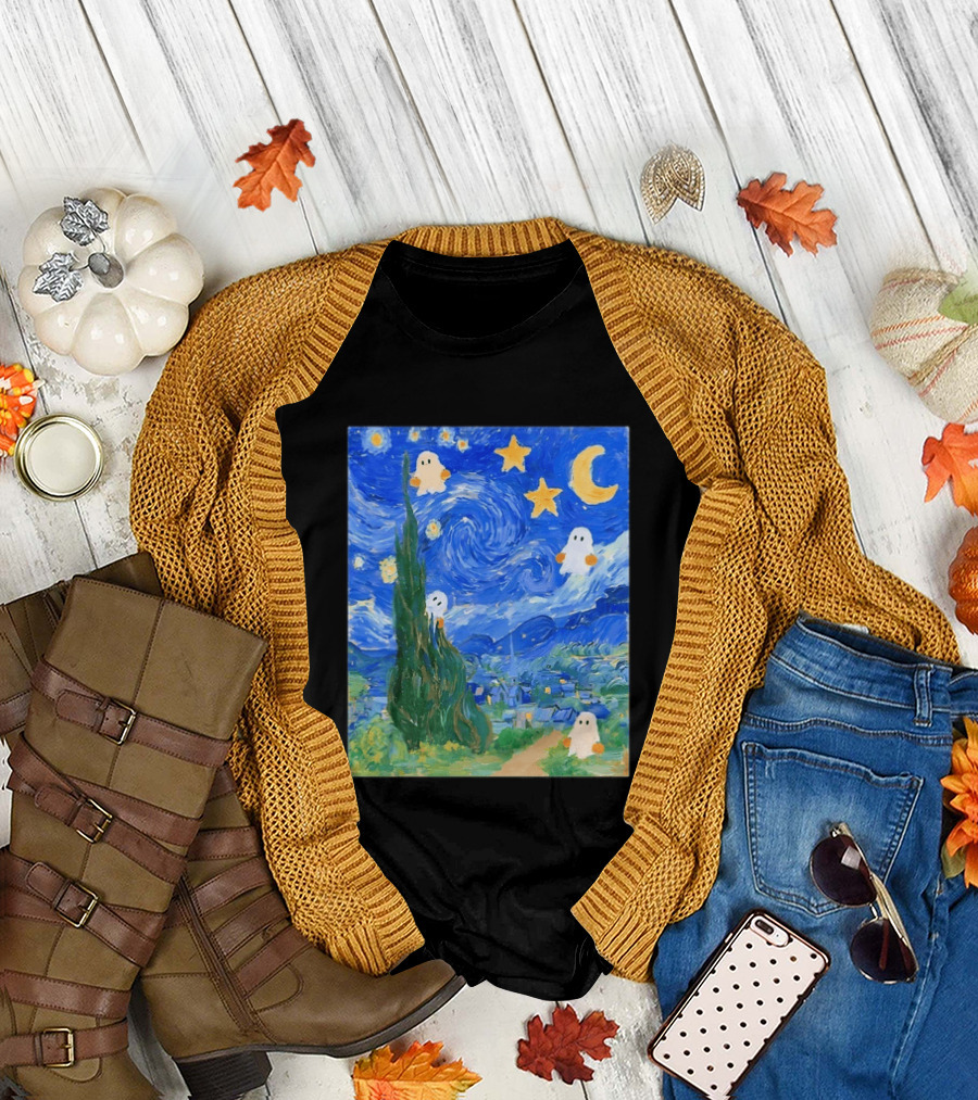 Starry Night Halloween Ghosts Vincent Van Gogh Painting T-Shirt