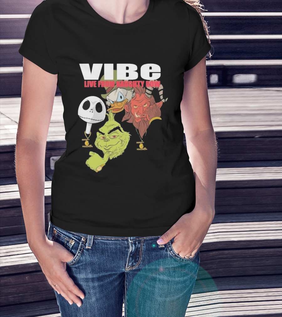Vibe Live From Naughty Row Grinch Krampus Scrooge Jack Skellington Christmas Naughty Row Records T-Shirt