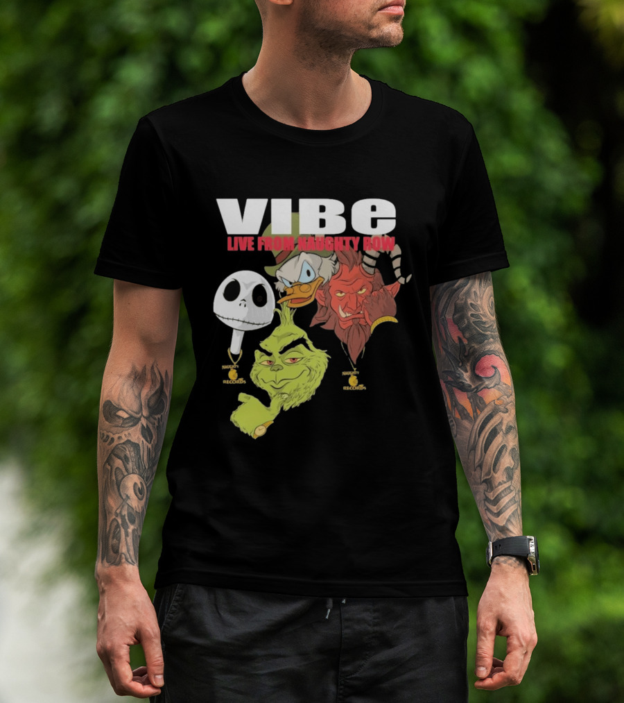 Vibe Live From Naughty Row Grinch Krampus Scrooge Jack Skellington Christmas Naughty Row Records T-Shirt