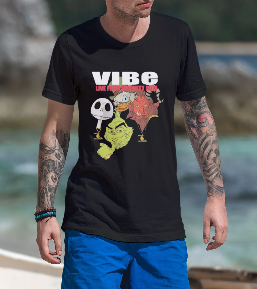 Vibe Live From Naughty Row Grinch Krampus Scrooge Jack Skellington Christmas Naughty Row Records T-Shirt