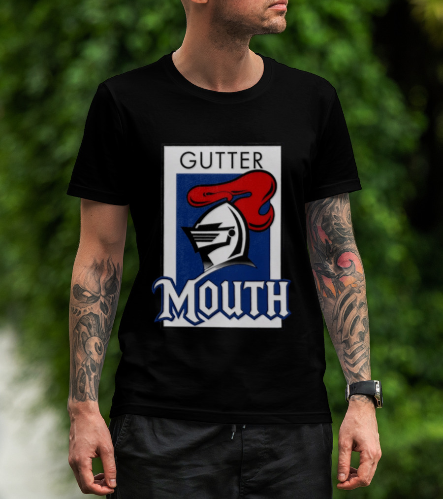 Guttermouth Newcastle Knights Collaboration Rugby League Iconic Helmet Red Blue T-Shirt