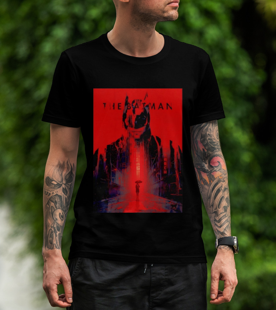 The Batman Monarch March Red Background Iconic Gotham Scene T-Shirt