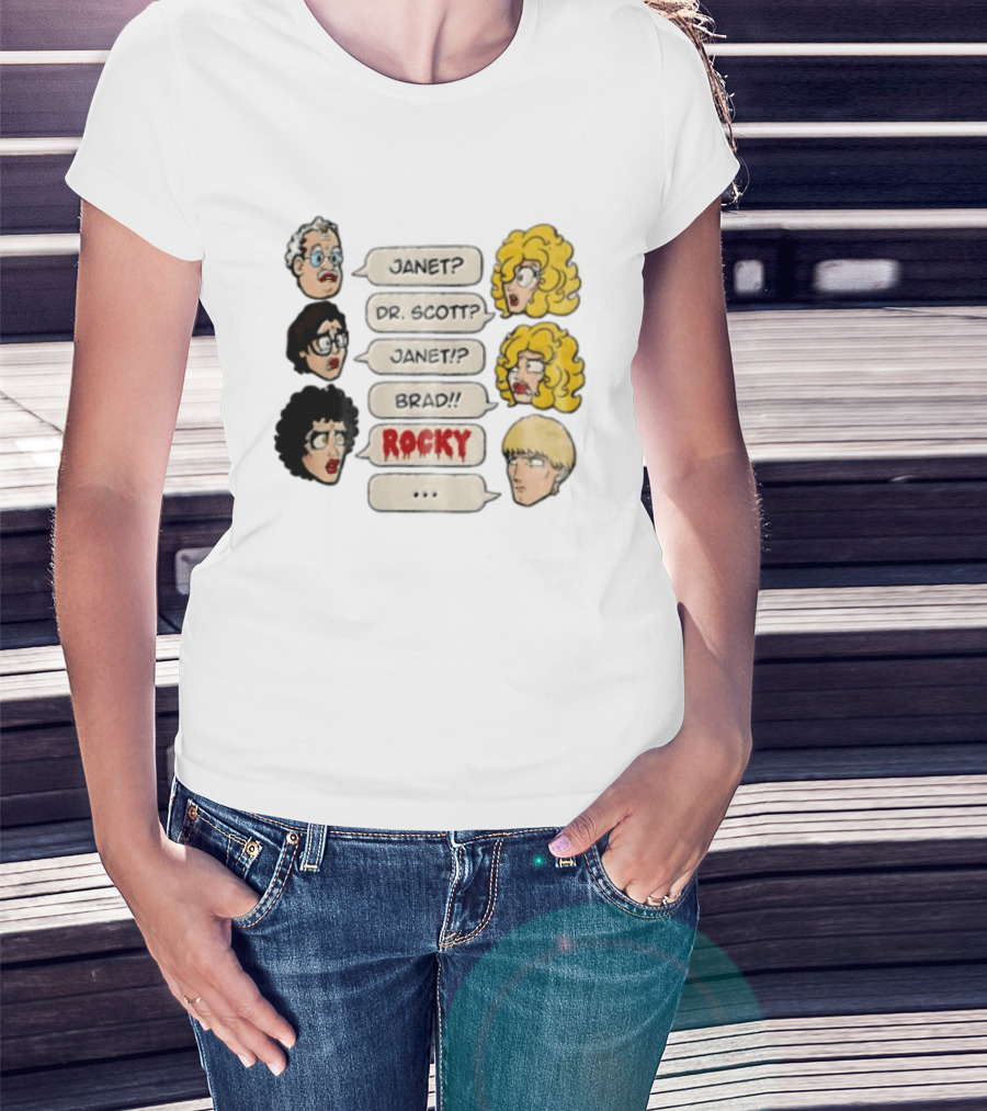 Janet Dr Scott Brad Rocky Horror Picture Show Speech Bubbles Cartoon Heads Dialogue T-Shirt