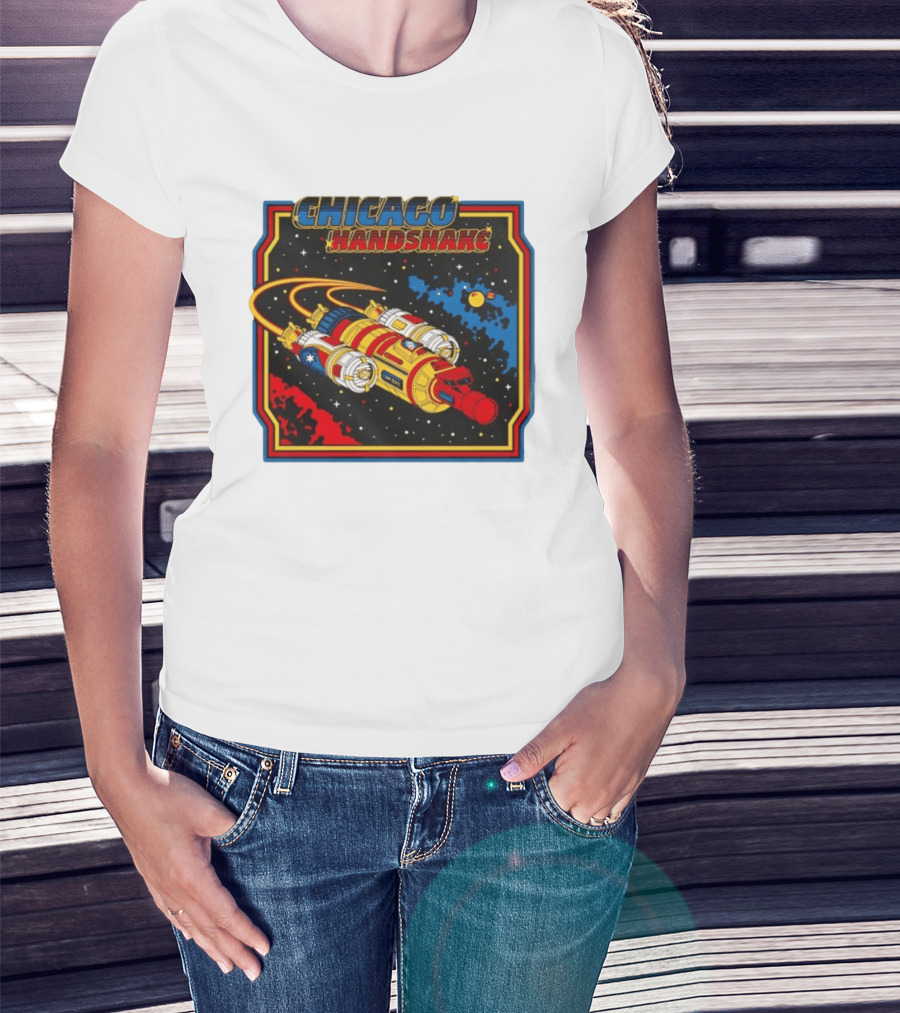 Chicago Handshake Spaceship Malort Old Lager Retro Sci Fi Space Adventure T-Shirt